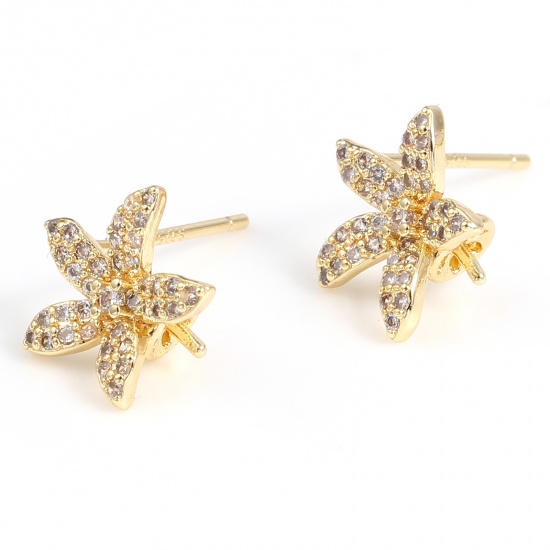 Picture of Brass Micro Pave Ear Post Stud Earrings Gold Plated Flower Clear Rhinestone 11mm x 10mm, Post/ Wire Size: (21 gauge) , 2 PCs                                                                                                                                  