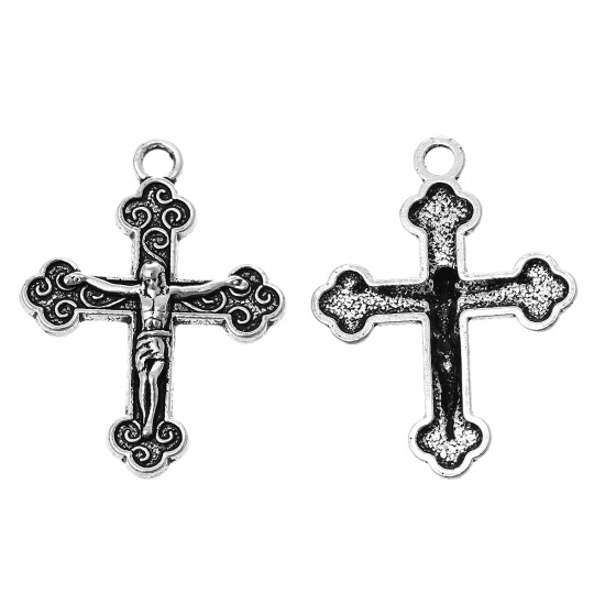 Picture of Zinc Based Alloy Easter Charms Cross Antique Silver Color Jesus Carved 29mm(1 1/8") x 22mm( 7/8"), 50 PCs