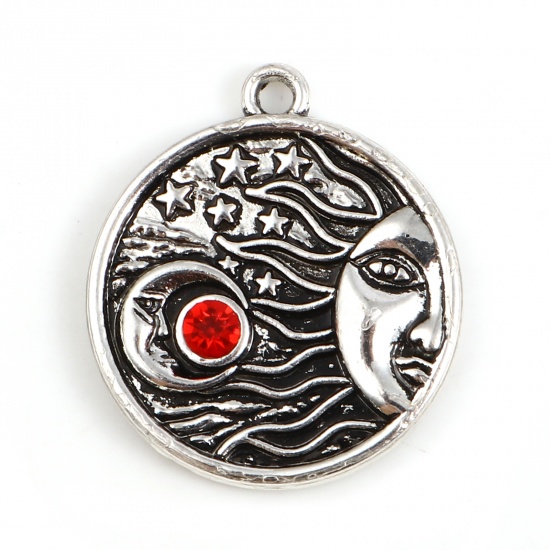 Picture of Zinc Based Alloy Galaxy Charms Round Antique Silver Color Sun Face Red Rhinestone 26mm x 23mm, 1 Piece