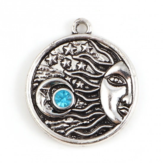 Picture of Zinc Based Alloy Galaxy Charms Round Antique Silver Color Sun Face Blue Rhinestone 26mm x 23mm, 1 Piece