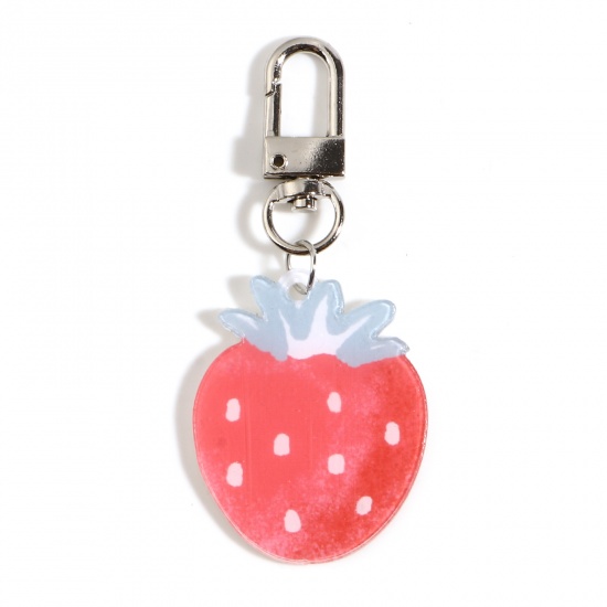 Picture of Zinc Based Alloy & Acrylic Keychain & Keyring Pink Strawberry Fruit 8cm x 3.5cm, 1 Piece