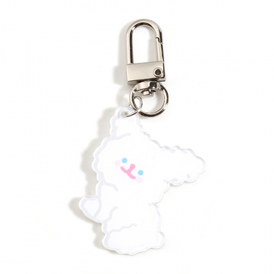 Picture of Zinc Based Alloy & Acrylic Keychain & Keyring White Dog Animal 8cm x 4cm, 1 Piece