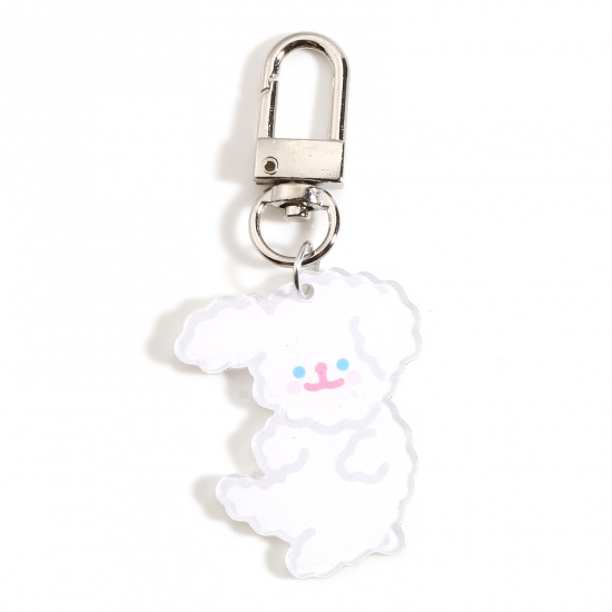 Picture of Zinc Based Alloy & Acrylic Keychain & Keyring White Dog Animal 8cm x 3cm, 1 Piece