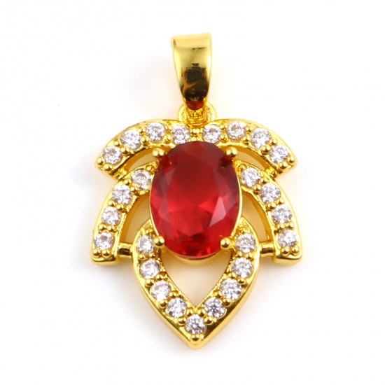 Image de 1 Pièce Pendentif Breloque Micro Pave en Laiton Doré Feuille à Strass Transparent à Zircone Cubique Rouge 22mm x 14mm
