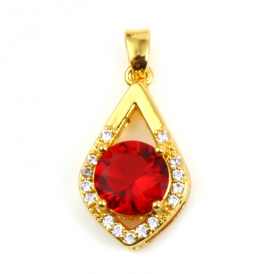 Imagen de 1 Unidad Latón Micro Pave Colgantes Charms Chapado en Oro Gota Transparente Rhinestone Rojo Circón Artificial 25mm x 12mm