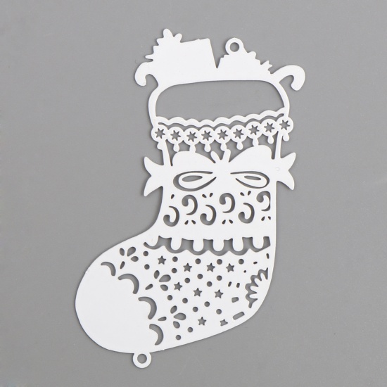真鍮 透かしパーツ コネクター クリスマスの靴下 白 フィリグリー 透かし ペインティング 6.3cm x 4.4cm、 5 個                                                                                                                                                                                               の画像