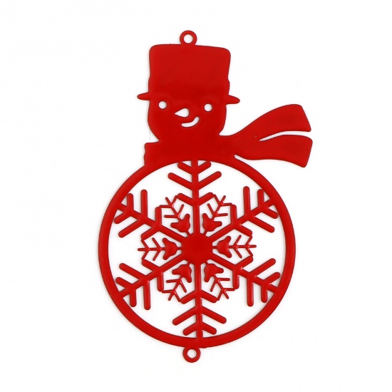 Picture of Brass Filigree Stamping Connectors Christmas Snowman Red Snowflake Painted 6.2cm x 4.1cm, 5 PCs                                                                                                                                                               