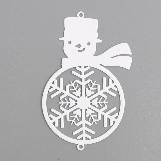 Picture of Brass Filigree Stamping Connectors Christmas Snowman White Snowflake Painted 6.2cm x 4.1cm, 5 PCs                                                                                                                                                             
