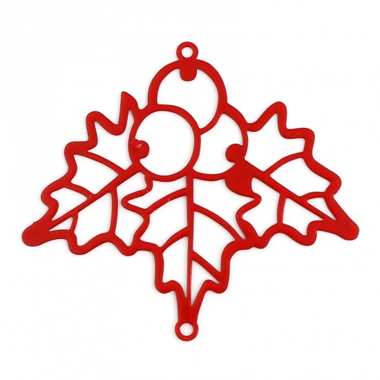 Immagine di Ottone Filigree Stamping Connettore Agrifoglio Natale Rosso Pittura 5cm x 4.5cm, 5 Pz