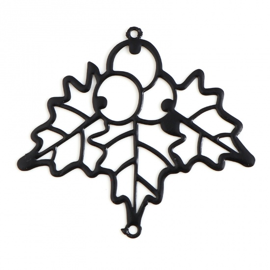 Immagine di Ottone Filigree Stamping Connettore Agrifoglio Natale Nero Pittura 5cm x 4.5cm, 5 Pz