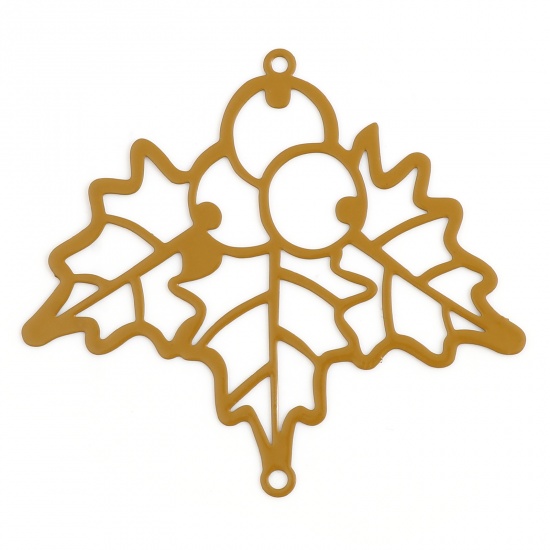 Immagine di Ottone Filigree Stamping Connettore Agrifoglio Natale Giallo Marrone Pittura 5cm x 4.5cm, 5 Pz
