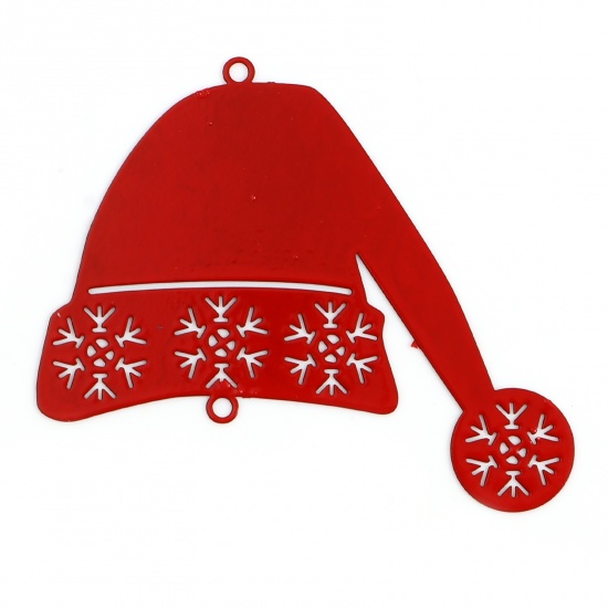 Imagen de Latón Filigrana Estampación Conectores Sombreros de la Navidad Rojo Copos de Nieve Pintura 5.2cm x 4.5cm, 5 Unidades                                                                                                                                          