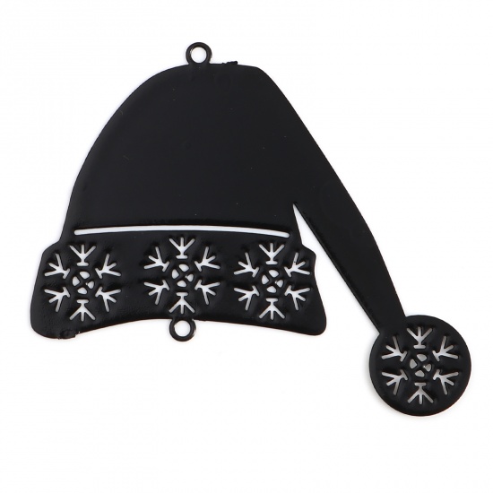 Picture of Brass Filigree Stamping Connectors Christmas Hats Black Snowflake Painted 5.2cm x 4.5cm, 5 PCs                                                                                                                                                                