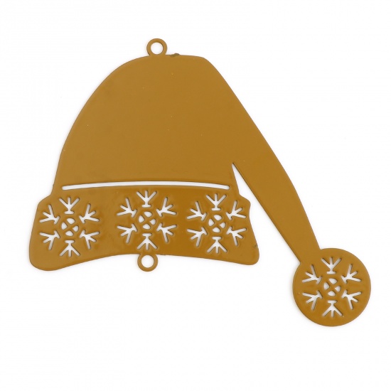 Imagen de Latón Filigrana Estampación Conectores Sombreros de la Navidad Amarillo Marrón Copos de Nieve Pintura 5.2cm x 4.5cm, 5 Unidades                                                                                                                               