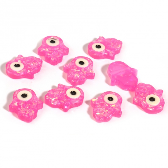 Picture of Resin Religious Spacer Beads Hamsa Symbol Hand Neon Pink Evil Eye Pattern Foil About 14mm x 12mm, Hole: Approx 1.4mm, 2 PCs