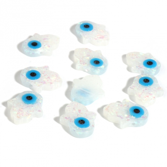 Picture of Resin Religious Spacer Beads Hamsa Symbol Hand White Evil Eye Pattern Foil About 14mm x 12mm, Hole: Approx 1.4mm, 2 PCs