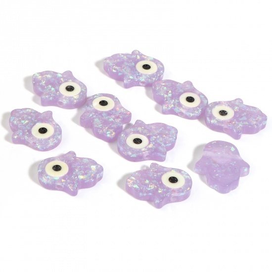 Picture of Resin Religious Spacer Beads Hamsa Symbol Hand Mauve Evil Eye Pattern Foil About 14mm x 12mm, Hole: Approx 1.4mm, 2 PCs