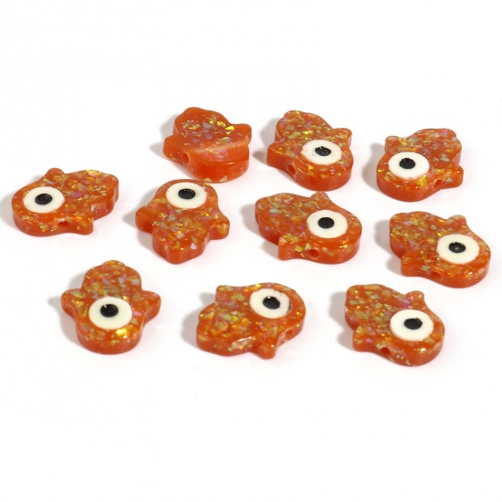 Picture of Resin Religious Spacer Beads Hamsa Symbol Hand Light Brown Evil Eye Pattern Foil About 14mm x 12mm, Hole: Approx 1.4mm, 2 PCs