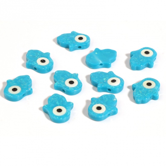 Picture of Resin Religious Spacer Beads Hamsa Symbol Hand Blue Evil Eye Pattern Foil About 14mm x 12mm, Hole: Approx 1.4mm, 2 PCs