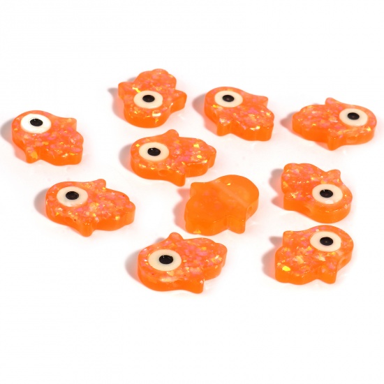 Picture of Resin Religious Spacer Beads Hamsa Symbol Hand Neon Orange Evil Eye Pattern Foil About 14mm x 12mm, Hole: Approx 1.4mm, 2 PCs