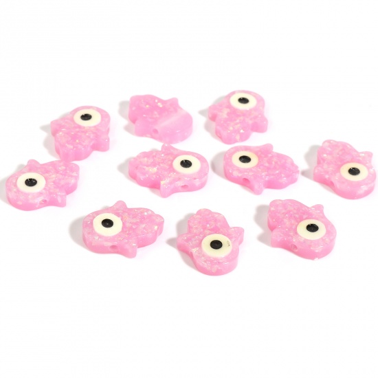 Picture of Resin Religious Spacer Beads Hamsa Symbol Hand Pink Evil Eye Pattern Foil About 14mm x 12mm, Hole: Approx 1.4mm, 2 PCs