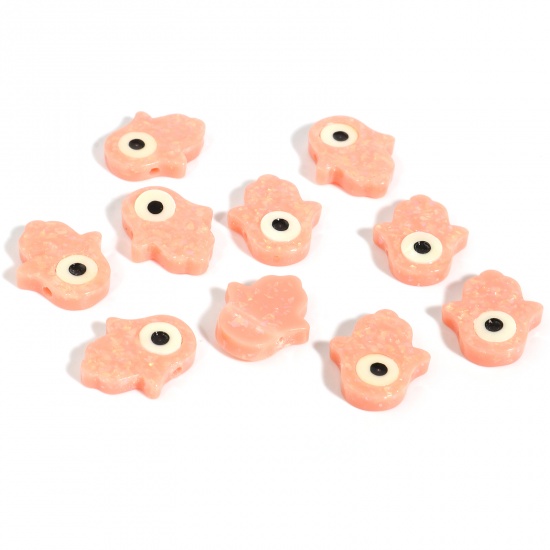 Picture of Resin Religious Spacer Beads Hamsa Symbol Hand Peach Pink Evil Eye Pattern Foil About 14mm x 12mm, Hole: Approx 1.4mm, 2 PCs