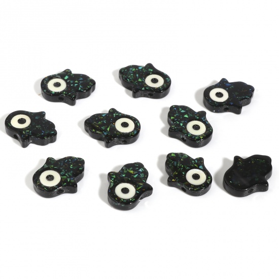 Picture of Resin Religious Spacer Beads Hamsa Symbol Hand Dark Green Evil Eye Pattern Foil About 14mm x 12mm, Hole: Approx 1.4mm, 2 PCs