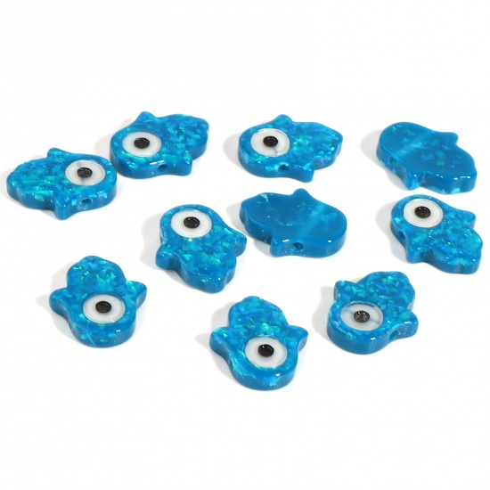 Picture of Resin Religious Spacer Beads Hamsa Symbol Hand Lake Blue Evil Eye Pattern Foil About 14mm x 12mm, Hole: Approx 1.4mm, 2 PCs