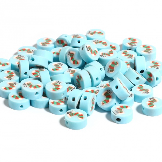 Picture of Polymer Clay Beads Flat Round Blue Christmas Stocking Pattern About 10mm Dia, Hole: Approx 2mm, 50 PCs