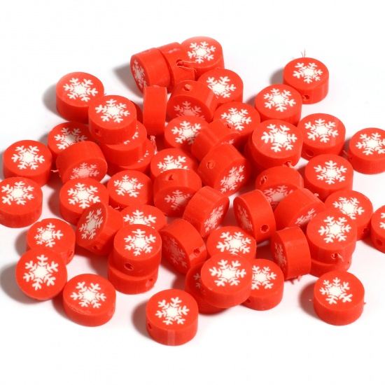 Picture of Polymer Clay Christmas Beads Flat Round White & Red About 10mm Dia, Hole: Approx 2mm, 50 PCs