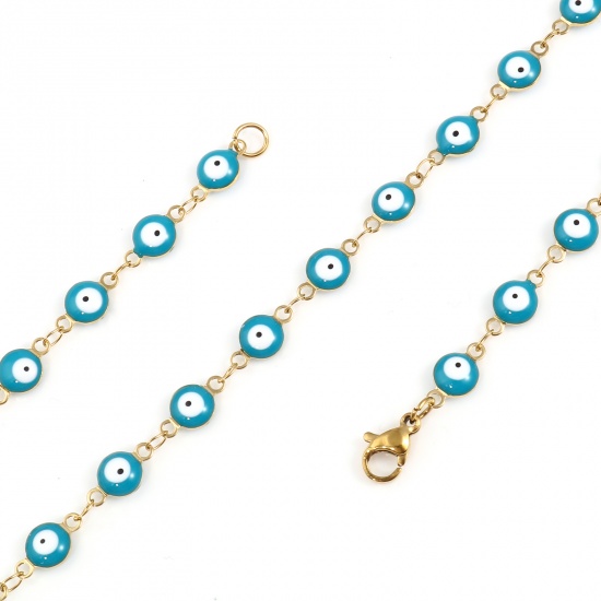 Picture of 304 Stainless Steel Religious Necklace For DIY Jewelry Making Round Evil Eye Gold Plated Lake Blue Enamel 50cm(19 5/8") long, 1 Piece