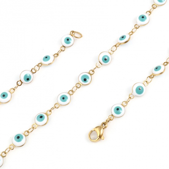 Picture of 304 Stainless Steel Religious Necklace For DIY Jewelry Making Round Evil Eye Gold Plated White & Green Enamel 50cm(19 5/8") long, 1 Piece