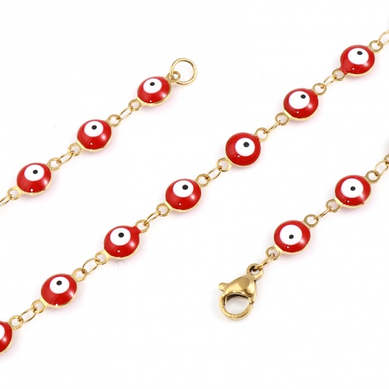 Picture of 304 Stainless Steel Religious Necklace For DIY Jewelry Making Round Evil Eye Gold Plated White & Red Enamel 50cm(19 5/8") long, 1 Piece