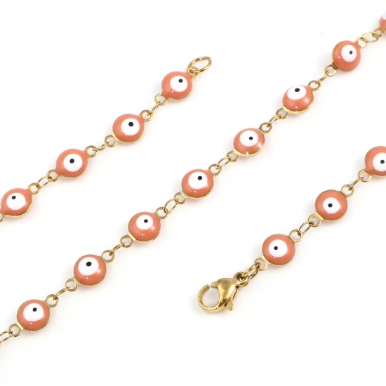 Picture of 304 Stainless Steel Religious Necklace For DIY Jewelry Making Round Evil Eye Gold Plated Orange Pink Enamel 50cm(19 5/8") long, 1 Piece