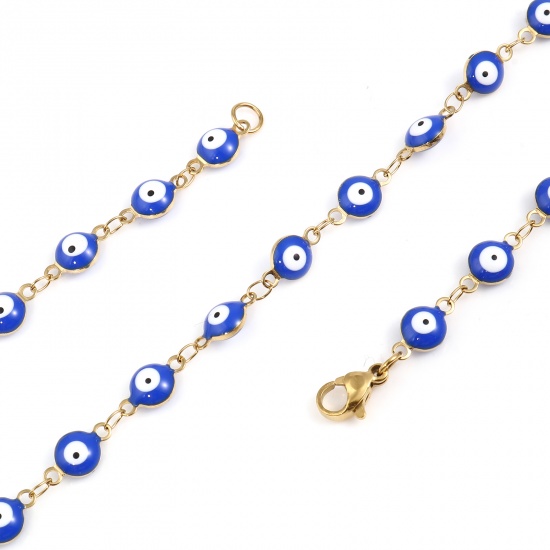 Picture of 304 Stainless Steel Religious Necklace For DIY Jewelry Making Round Evil Eye Gold Plated White & Blue Enamel 50cm(19 5/8") long, 1 Piece