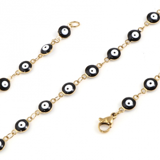 Picture of 304 Stainless Steel Religious Necklace For DIY Jewelry Making Round Evil Eye Gold Plated Black & White Enamel 50cm(19 5/8") long, 1 Piece