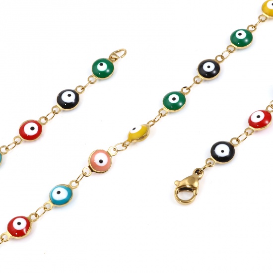 Picture of 304 Stainless Steel Religious Necklace For DIY Jewelry Making Round Evil Eye Gold Plated Multicolor Enamel 50cm(19 5/8") long, 1 Piece