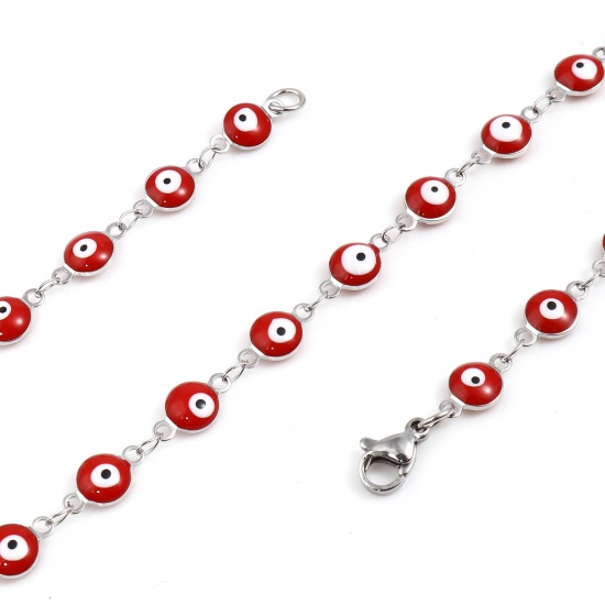Picture of 304 Stainless Steel Religious Necklace For DIY Jewelry Making Round Evil Eye Silver Tone White & Red Enamel 50cm(19 5/8") long, 1 Piece