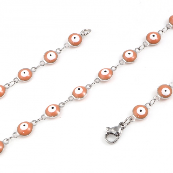 Picture of 304 Stainless Steel Religious Necklace For DIY Jewelry Making Round Evil Eye Silver Tone Orange Pink Enamel 50cm(19 5/8") long, 1 Piece
