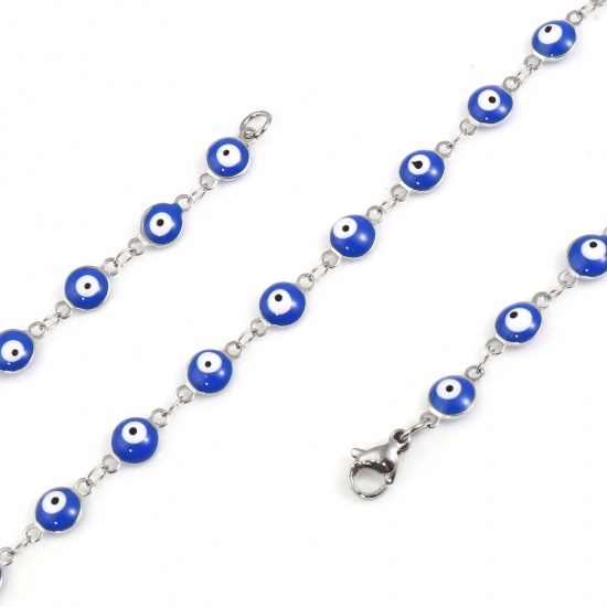 Picture of 304 Stainless Steel Religious Necklace For DIY Jewelry Making Round Evil Eye Silver Tone White & Blue Enamel 50cm(19 5/8") long, 1 Piece