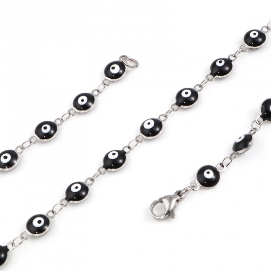 Picture of 304 Stainless Steel Religious Necklace For DIY Jewelry Making Round Evil Eye Silver Tone Black & White Enamel 50cm(19 5/8") long, 1 Piece