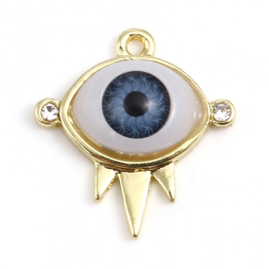 Picture of Zinc Based Alloy & Acrylic Religious Charms Evil Eye Gold Plated Dark Blue Clear Rhinestone 22mm x 20mm, 10 PCs