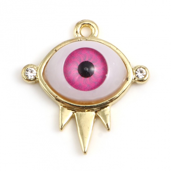 Picture of Zinc Based Alloy & Acrylic Religious Charms Evil Eye Gold Plated Pink Clear Rhinestone 22mm x 20mm, 10 PCs