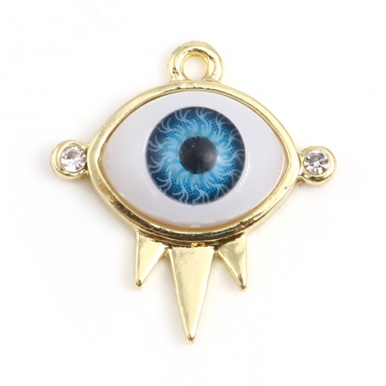 Picture of Zinc Based Alloy & Acrylic Religious Charms Evil Eye Gold Plated Blue Clear Rhinestone 22mm x 20mm, 10 PCs