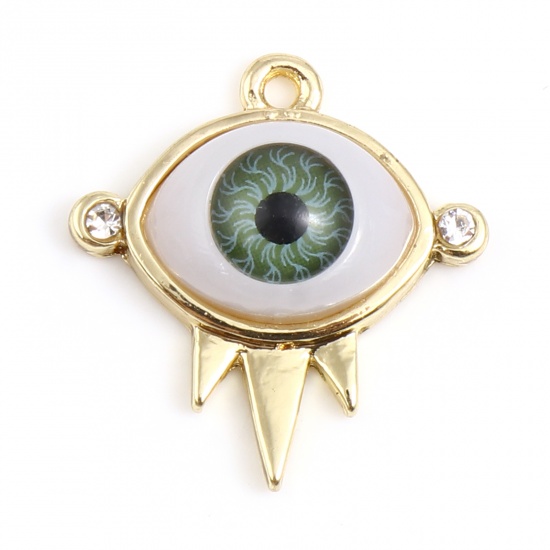 Picture of Zinc Based Alloy & Acrylic Religious Charms Evil Eye Gold Plated Green Clear Rhinestone 22mm x 20mm, 10 PCs