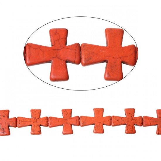 Imagen de Turquesa Cuentas Cruz Naranja Grietaatrón 37mm x 31mm, Agujero: acerca de 1.6mm, 40.4cm 11 unidades por 1 Sarta