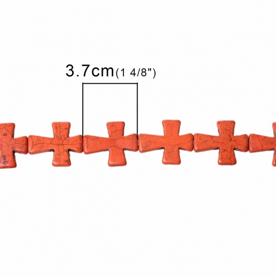 Image de Turquoise Perles Croix Orange Motifs Fissurés Env. 37mm x 31mm, Taille du Trou: Env. 1.6mm, 1 Enfilade ( 40.4cm Long/Enfilade), (Env. 11 PCs/Enfilade)