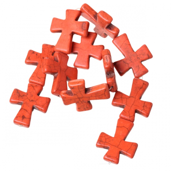 Picture of Orange Turquoise Imitated Loose Beads Easter Cross Crack Pattern About 37mm(1 4/8") x 31mm(1 2/8"), Hole: Approx 1.6mm, 40.4cm(15 7/8") long, 1 Strand (Approx 11 PCs/Strand)
