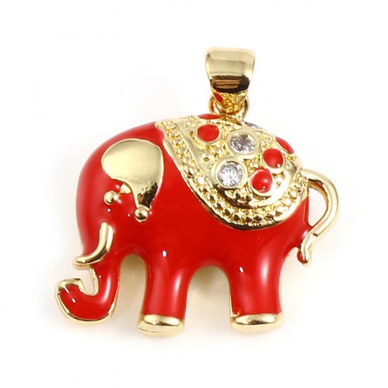 Imagen de 1 Unidad Latón Colgantes Charms Chapado en Oro Rojo Elefante Esmalte Claro Circón Artificial 24mm x 22mm