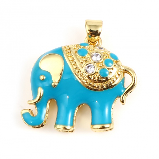 Imagen de 1 Unidad Latón Colgantes Charms Chapado en Oro Azul Elefante Esmalte Claro Circón Artificial 24mm x 22mm